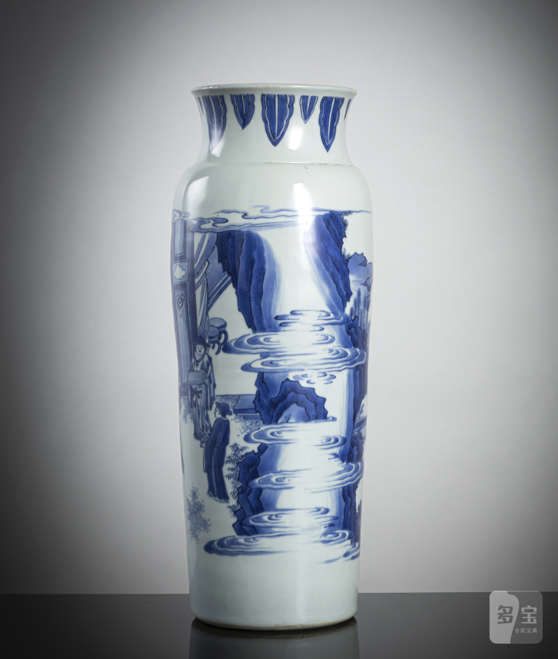 A good Transitional porcelain sleeve vase with underglaze blue decoration of a novel scene - 图4